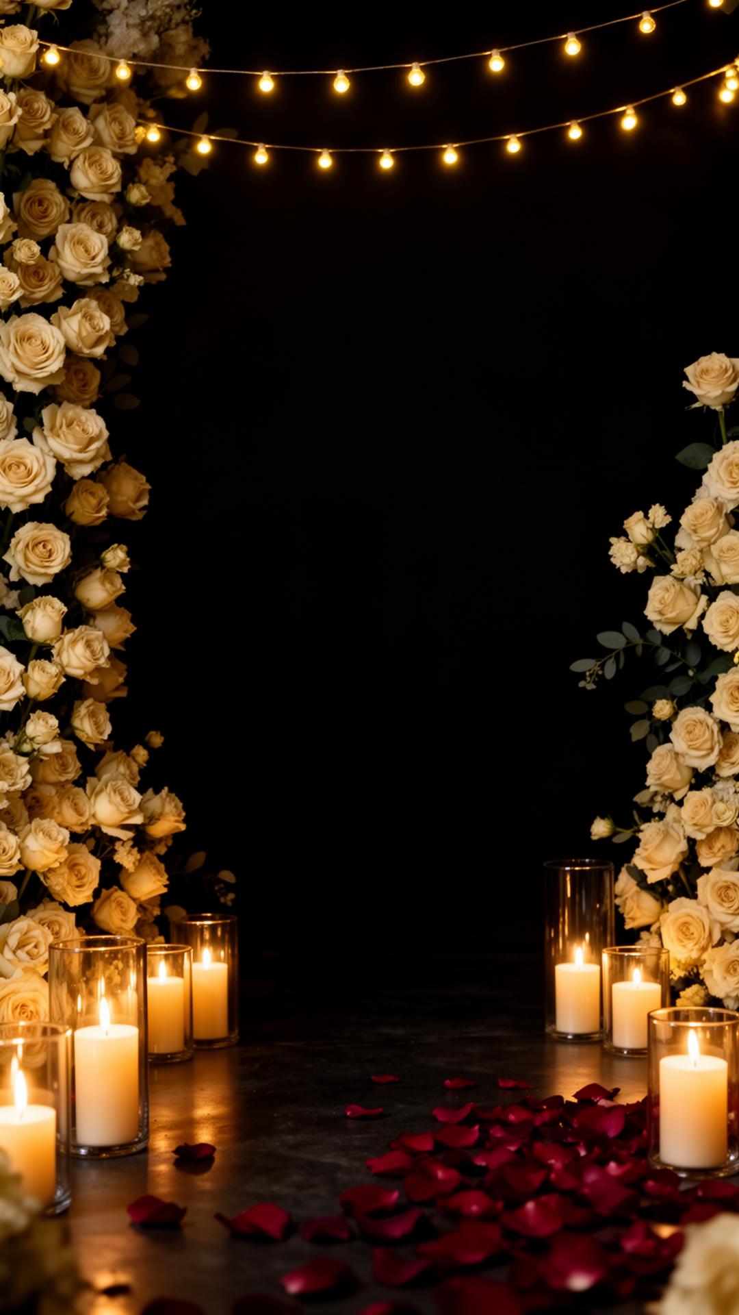 Luxury romantic surprise setup with cream roses, candles and fairy lights